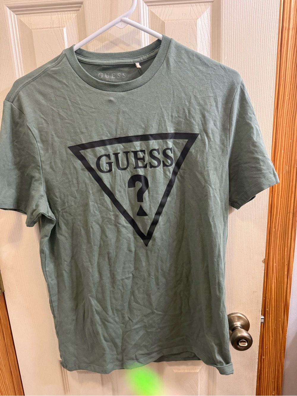 GUESS Men's Sage Green Logo Tee with Black Triangle Emblem